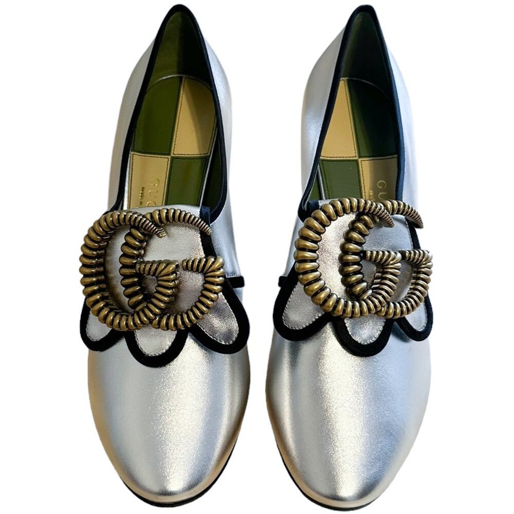 Gucci Bloom Marmont Silver GG Logo Heeled Loafers 40 - Picture 1 of 13